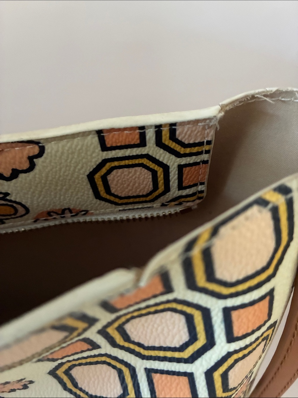 Tory Burch Cream Floral & Geometric Tote with Tan Trim - Picture 5 of 8